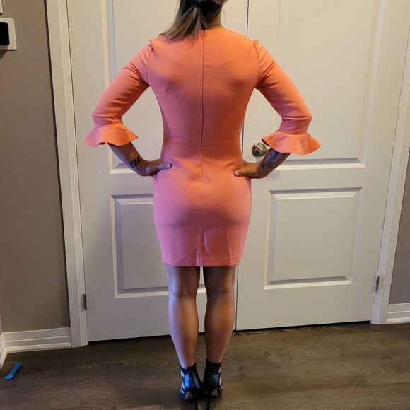 SANDRO crew neck ruffle Sheath pink designer dress Final Discount - Picture 4 of 16